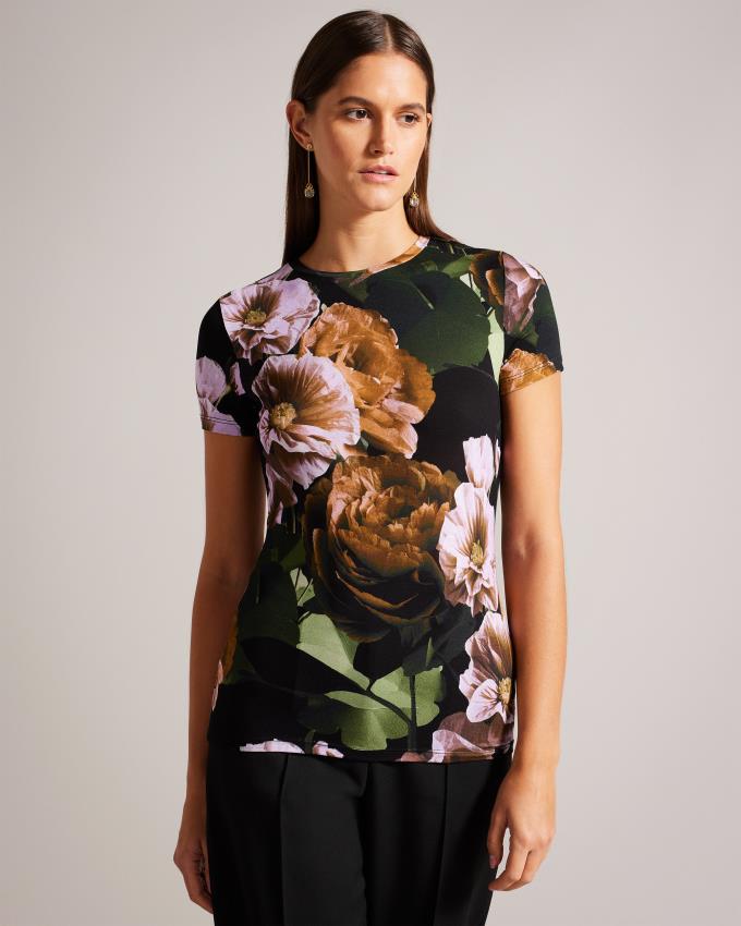 T-Shirt Ted Baker Floral Print Noir Femme | OYH-93849125